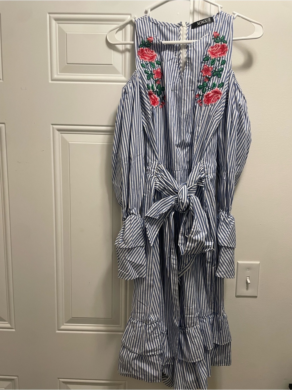 NWOT - XOXO Womens Blue & White Striped Dress with Pink Floral Embroidery